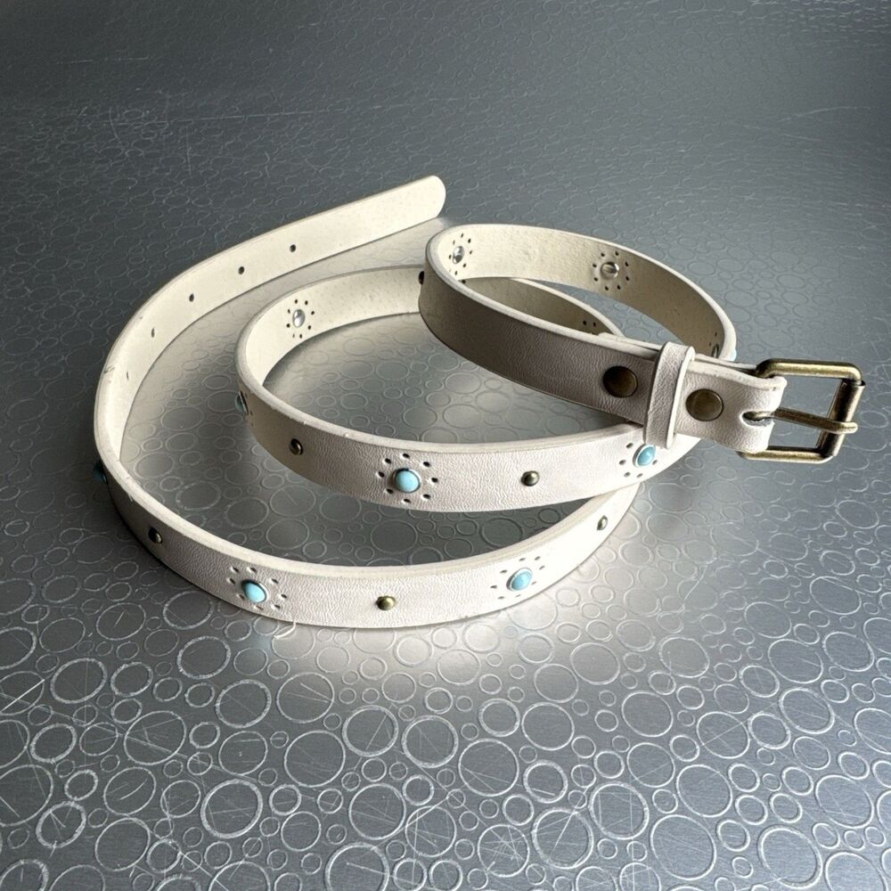 Womens White Embellished Belt 3/4" Narrow Strap Western Boho L 36 Fits 35-39